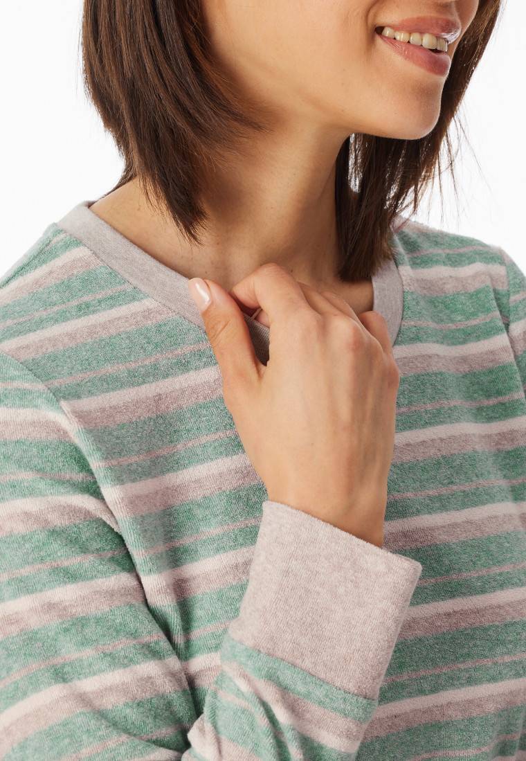 Schiesser Schlafanzug lang Frottee Bündchen Ringel grün-meliert - Casual Essentials Große Rabatte