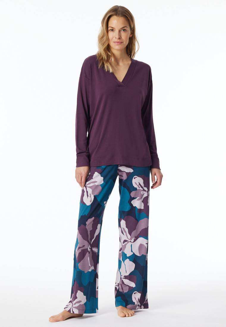 Schiesser Schlafanzug lang Interlock pflaume bedruckt - Modern Nightwear Sonderangebote