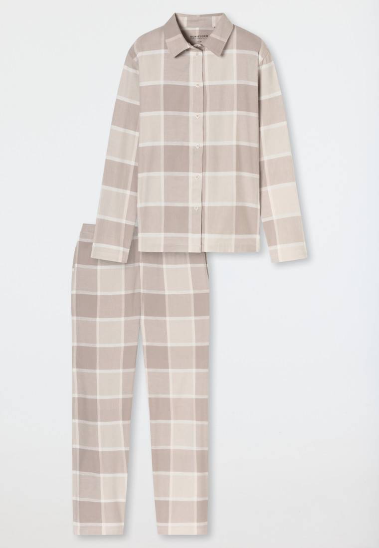 Schiesser Pyjama lang Flanell beige kariert - Selected Premium Warming Kostenlose Rückgabe