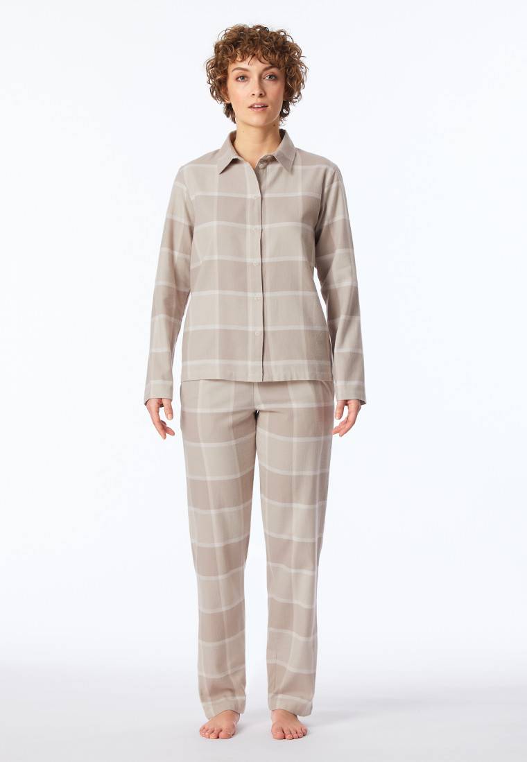 Schiesser Pyjama lang Flanell beige kariert - Selected Premium Warming Kostenlose Rückgabe