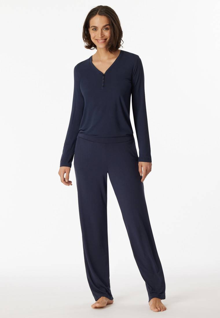 Schiesser Shirt langarm Modal V-Ausschnitt Knopfleiste blau - Mix+Relax Cyber Monday