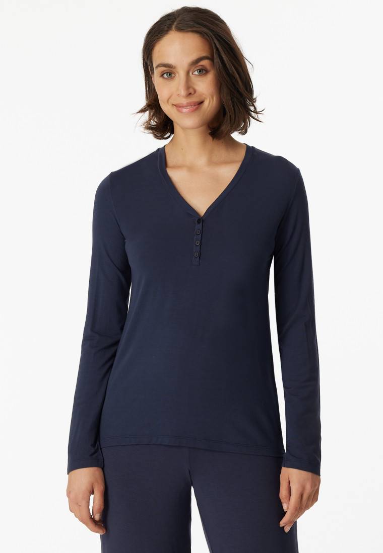 Schiesser Shirt langarm Modal V-Ausschnitt Knopfleiste blau - Mix+Relax Cyber Monday
