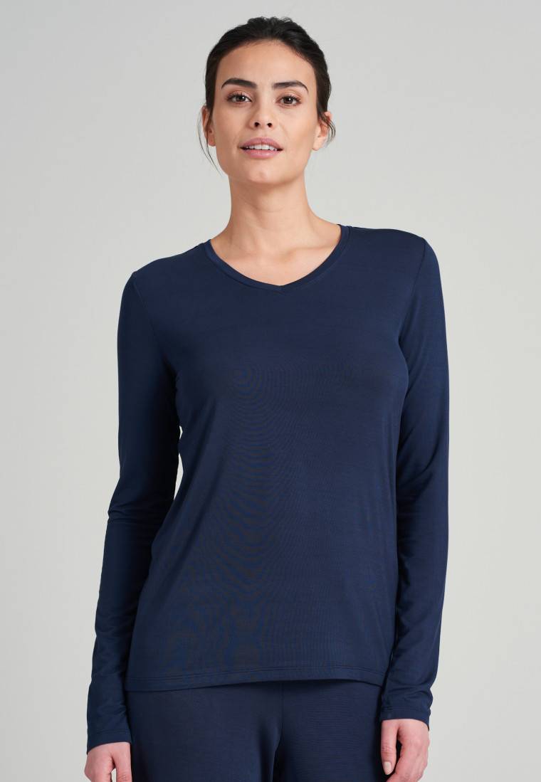 Schiesser Shirt langarm Modal V-Ausschnitt blau - Mix+Relax Valentinstagsangebot