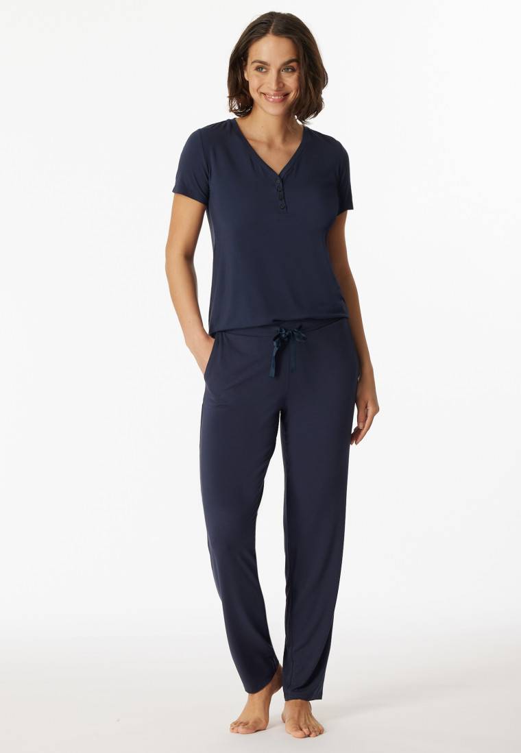 Schiesser Shirt kurzarm Henley Knopfleiste blau - Mix+Relax Jubiläumsangebot