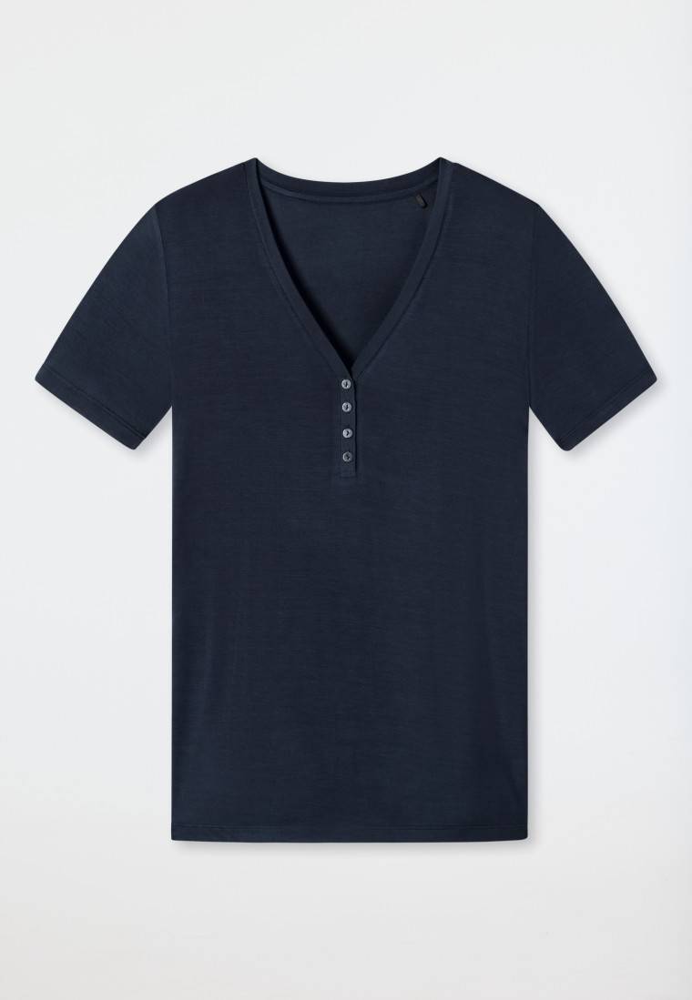 Schiesser Shirt kurzarm Henley Knopfleiste blau - Mix+Relax Jubiläumsangebot