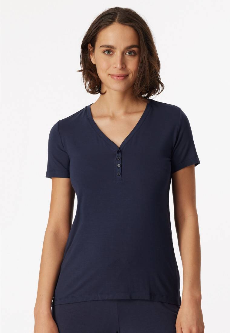 Schiesser Shirt kurzarm Henley Knopfleiste blau - Mix+Relax Jubiläumsangebot