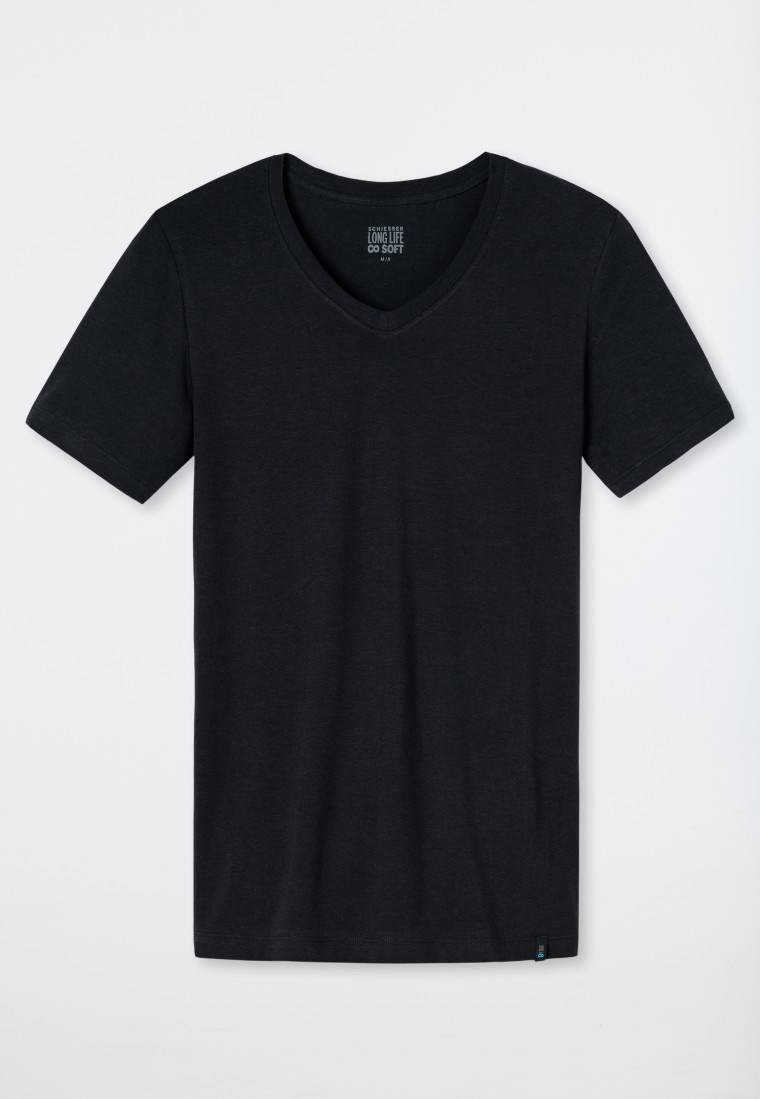 Schiesser Shirt kurzarm Jersey elastisch V-Ausschnitt blauschwarz - Long Life Soft Jubiläumsangebot