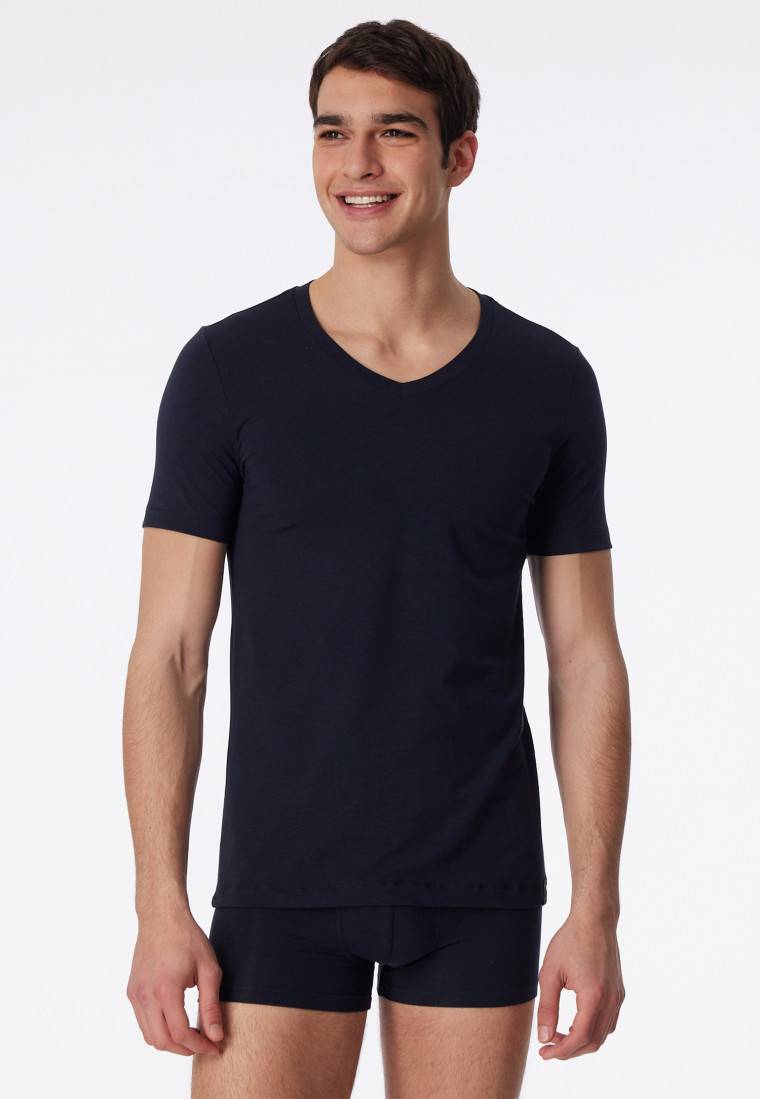 Schiesser Shirt kurzarm Jersey elastisch V-Ausschnitt blauschwarz - Long Life Soft Jubiläumsangebot