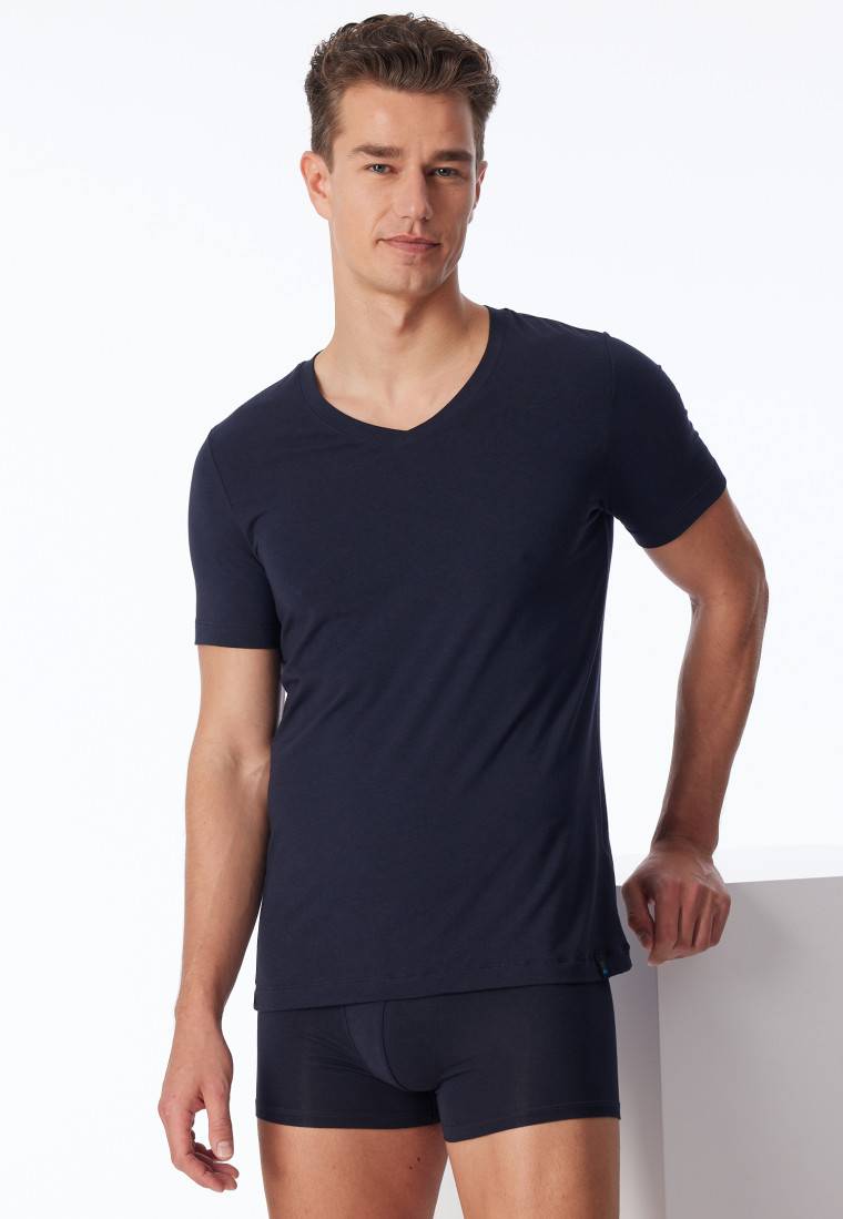 Schiesser Shirt kurzarm Jersey elastisch V-Ausschnitt blauschwarz - Long Life Soft Jubiläumsangebot