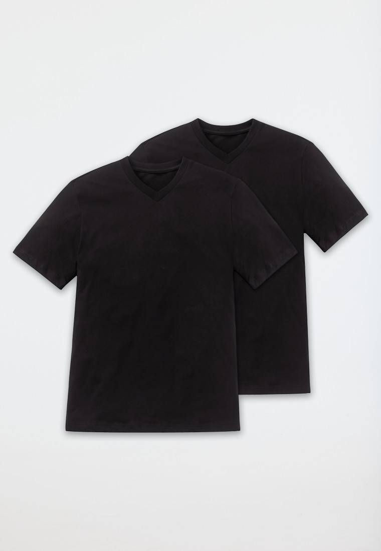 Schiesser Shirt kurzarm Jersey 2er-Pack V-Ausschnitt schwarz - American T-Shirt Bestseller
