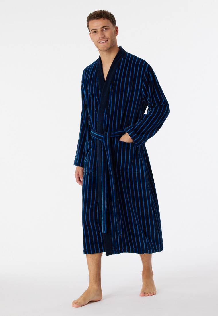 Schiesser Bademantel Softvelours dunkelblau gestreift - Essentials Jubiläumsangebot