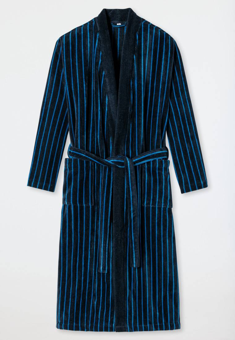 Schiesser Bademantel Softvelours dunkelblau gestreift - Essentials Jubiläumsangebot