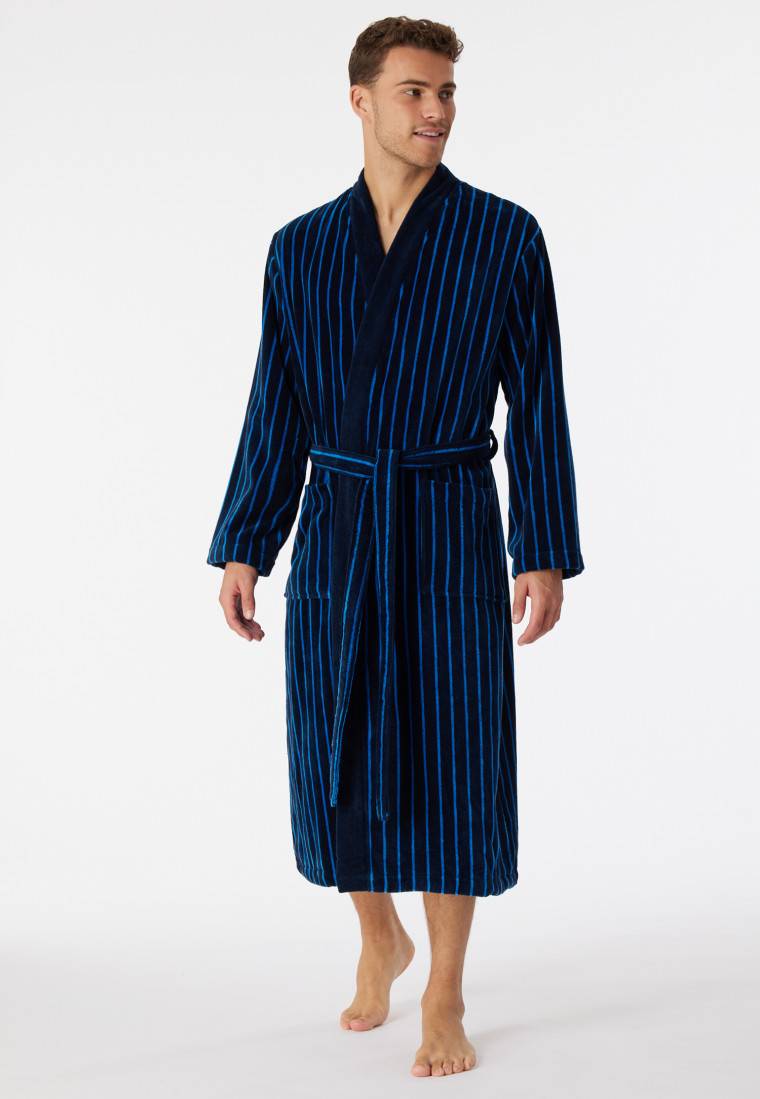 Schiesser Bademantel Softvelours dunkelblau gestreift - Essentials Jubiläumsangebot