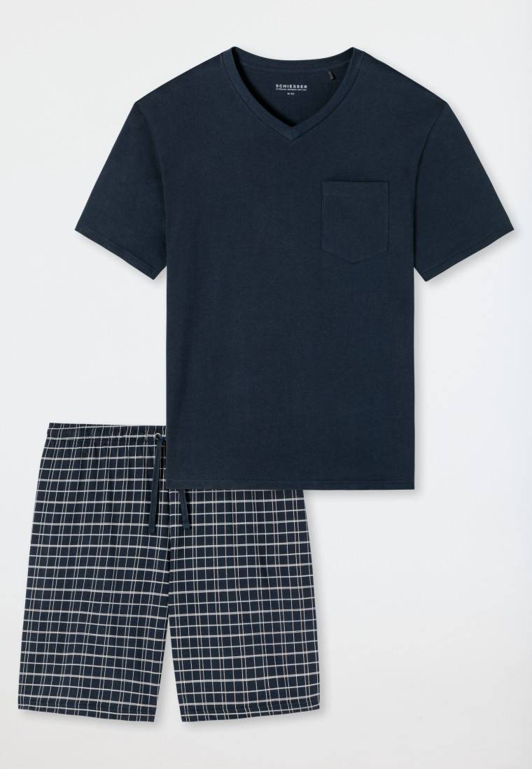 Schiesser Schlafanzug kurz Jersey V-Ausschnitt blau - Ebony Fabrikladen