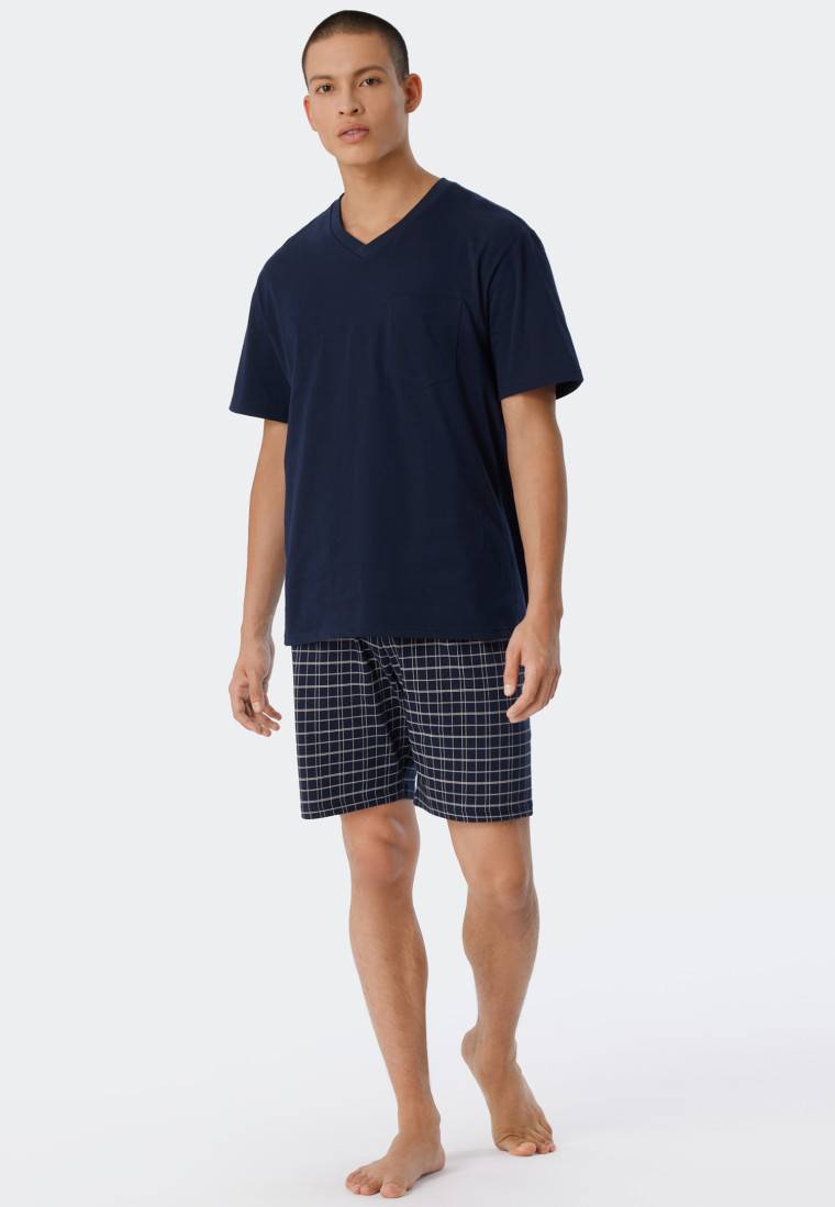 Schiesser Schlafanzug kurz Jersey V-Ausschnitt blau - Ebony Fabrikladen