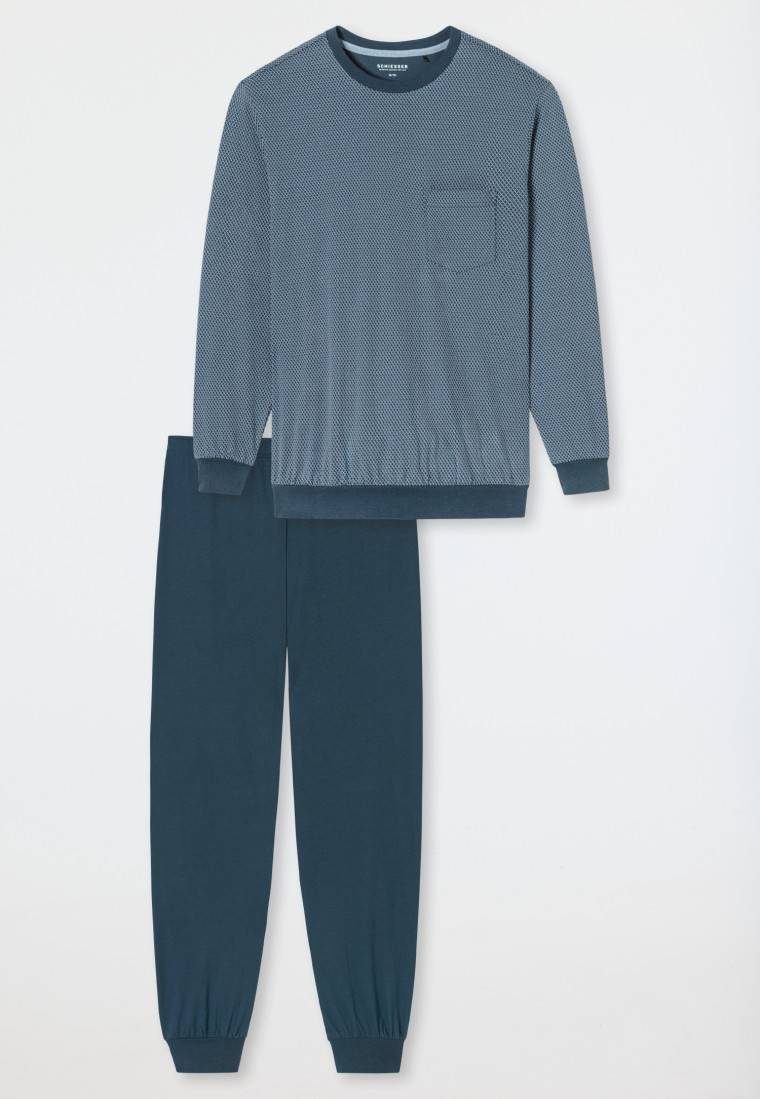 Schiesser Schlafanzug lang Bündchen Brusttasche blaugrau gemustert - Comfort Essentials Im Verkauf
