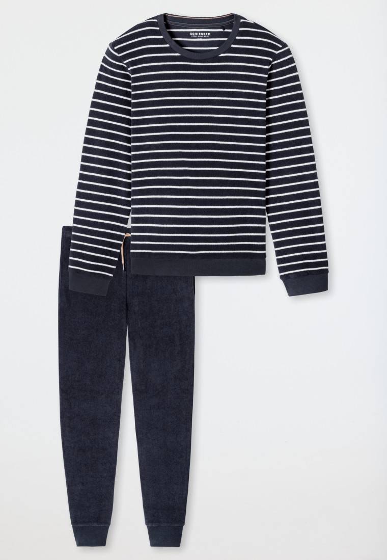 Schiesser Schlafanzug lang Frotttee Bündchen Streifen nachtblau - Casual Nightwear 2025