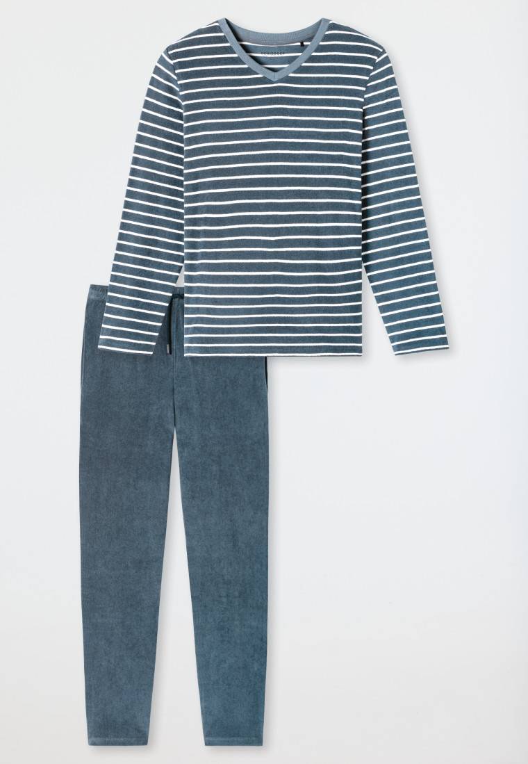 Schiesser Schlafanzug lang Frottee Streifen jeansblau - Casual Nightwear Online