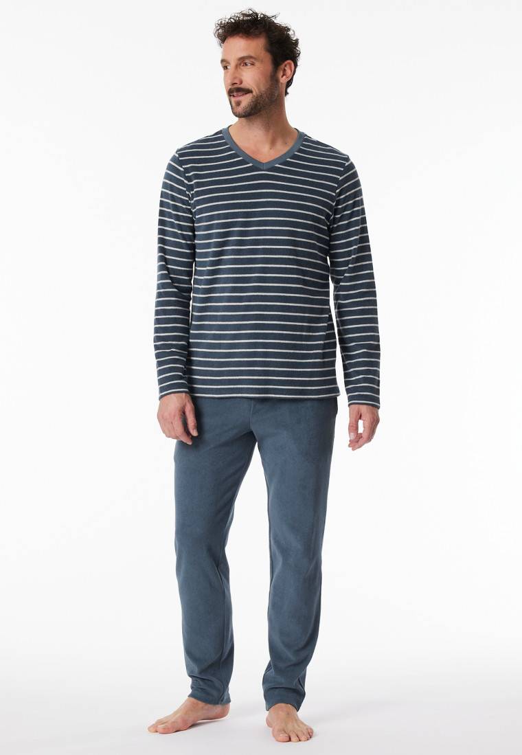 Schiesser Schlafanzug lang Frottee Streifen jeansblau - Casual Nightwear Online