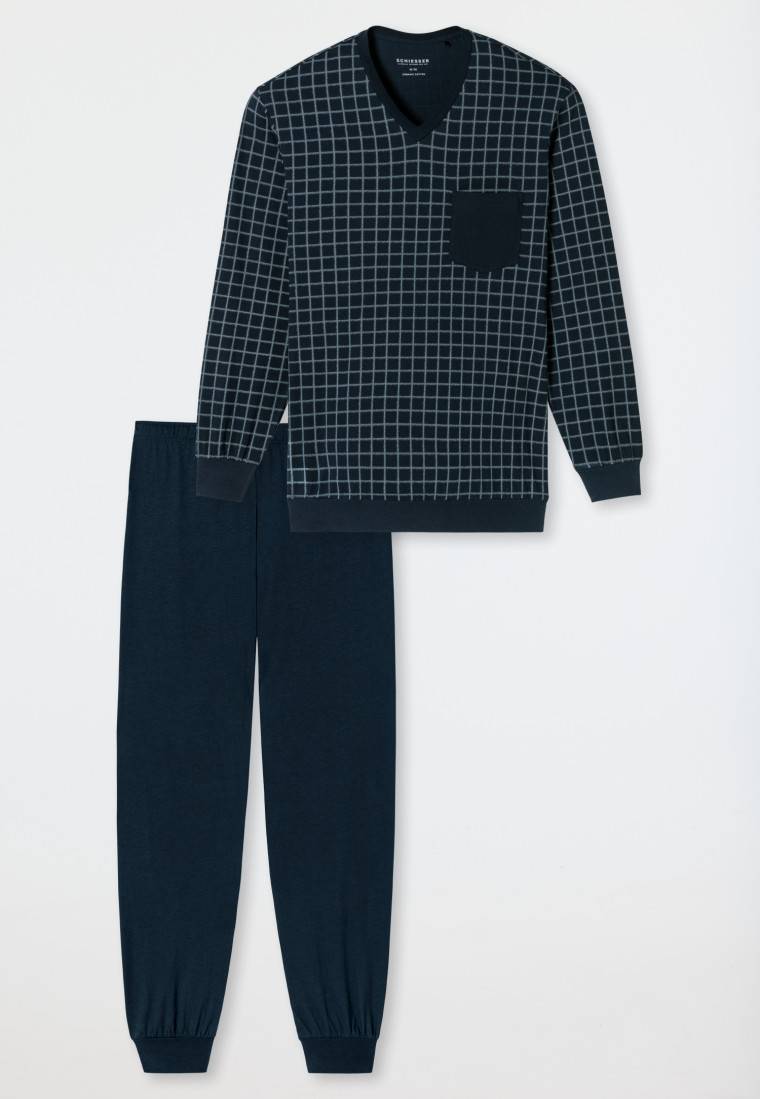 Schiesser Schlafanzug lang Bündchen jeansblau kariert - Comfort Nightwear Günstiger Verkauf