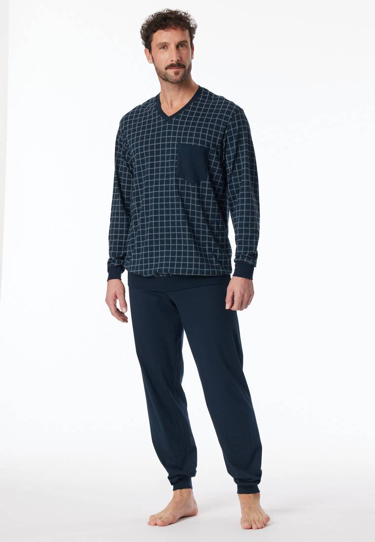 Schiesser Schlafanzug lang Bündchen jeansblau kariert - Comfort Nightwear Günstiger Verkauf