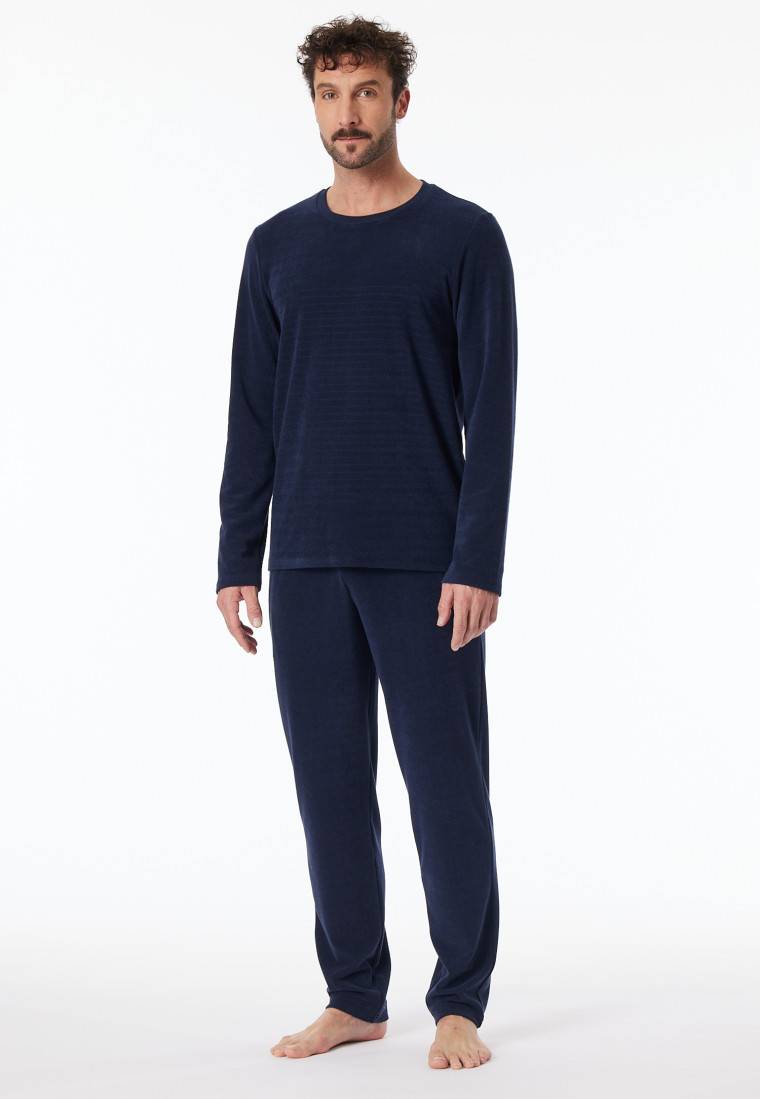 Schiesser Schlafanzug lang Frottee Streifen petrol - Casual Nightwear Fabrikverkauf
