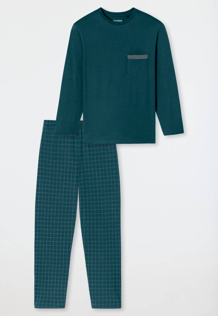 Schiesser Schlafanzug lang Organic Cotton Karos petrol - Comfort Nightwear Kostenloser Versand