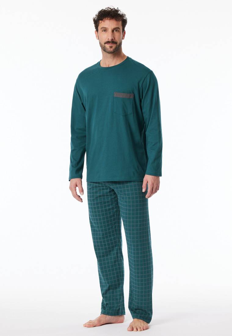 Schiesser Schlafanzug lang Organic Cotton Karos petrol - Comfort Nightwear Kostenloser Versand