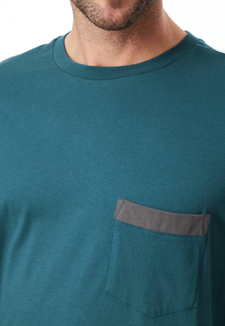 Schiesser Schlafanzug lang Organic Cotton Karos petrol - Comfort Nightwear Kostenloser Versand