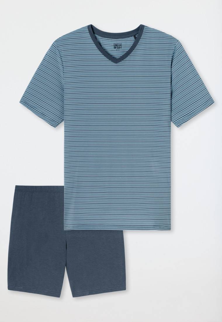 Schiesser Schlafanzug kurz Ringel V-Ausschnitt jeansblau - Long Life Soft Fabrik Onlineshop