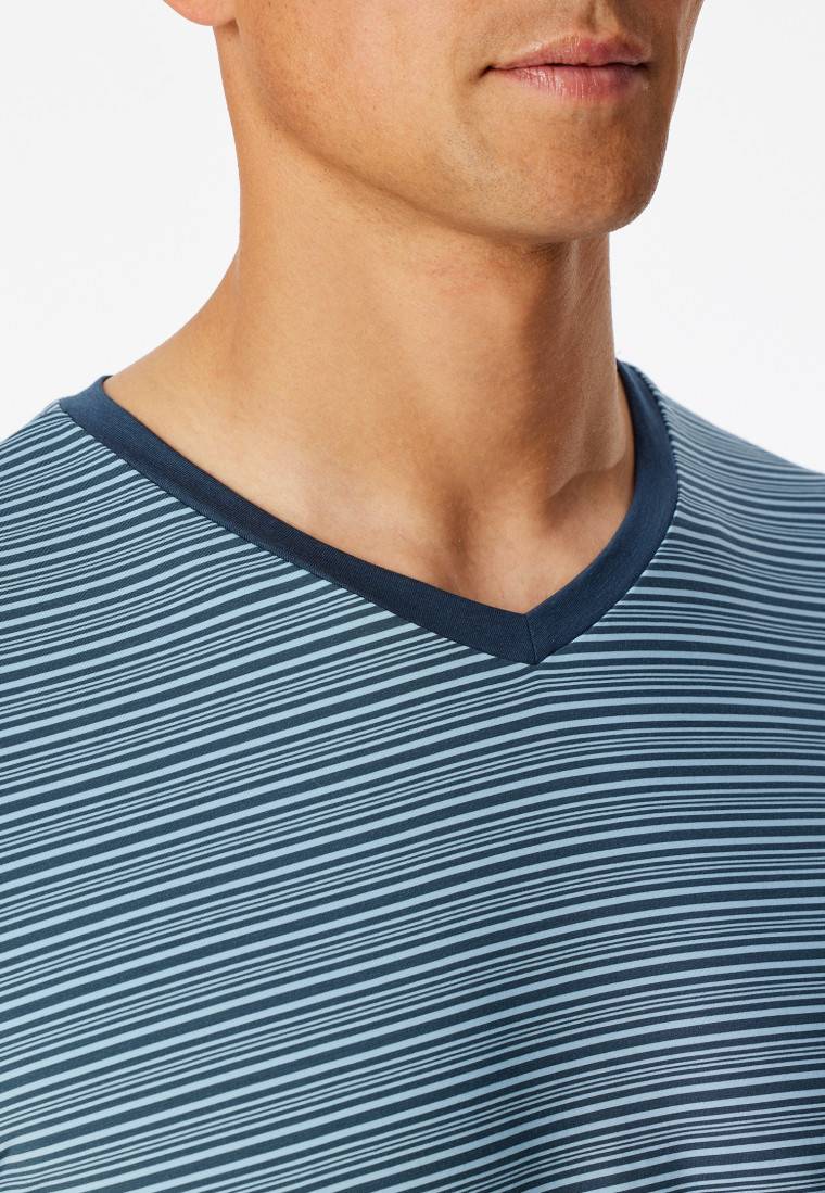 Schiesser Schlafanzug kurz Ringel V-Ausschnitt jeansblau - Long Life Soft Fabrik Onlineshop