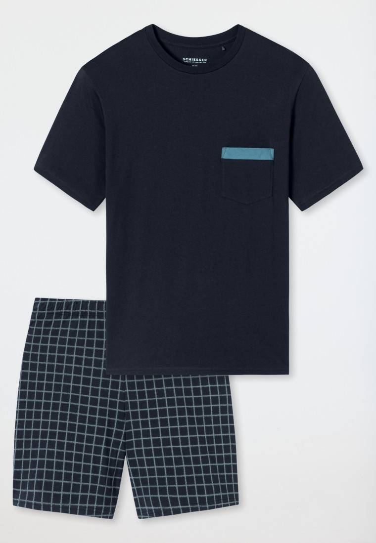 Schiesser Schlafanzug kurz Organic Cotton Karos nachtblau - Comfort Nightwear Flash Sale