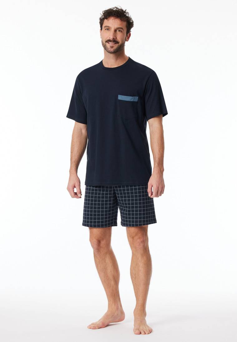 Schiesser Schlafanzug kurz Organic Cotton Karos nachtblau - Comfort Nightwear Flash Sale