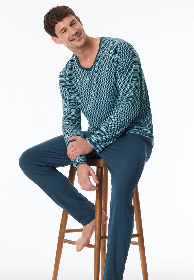 Schiesser Schlafanzug lang Streifen jeansblau - Long Life Soft Online Shopping