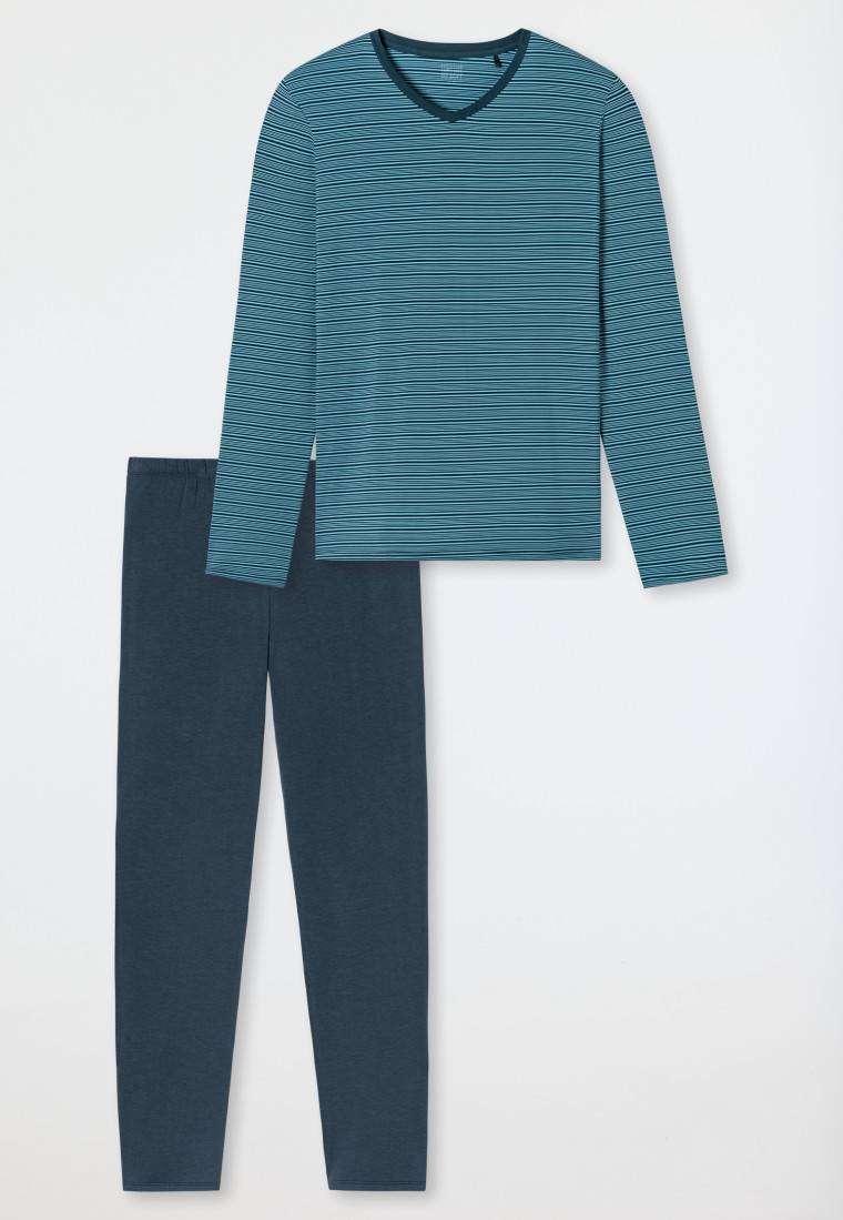 Schiesser Schlafanzug lang Streifen jeansblau - Long Life Soft Online Shopping