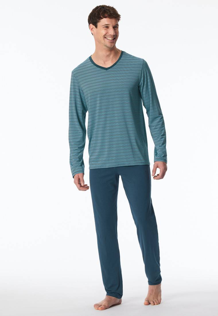Schiesser Schlafanzug lang Streifen jeansblau - Long Life Soft Online Shopping