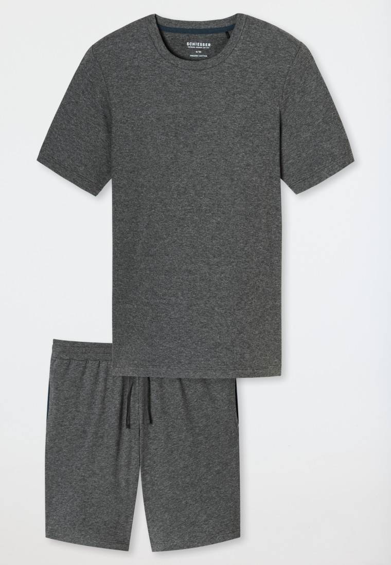 Schiesser Schlafanzug Doppelripp kurz dunkelgrau meliert - Modern Nightwear Preisnachlass