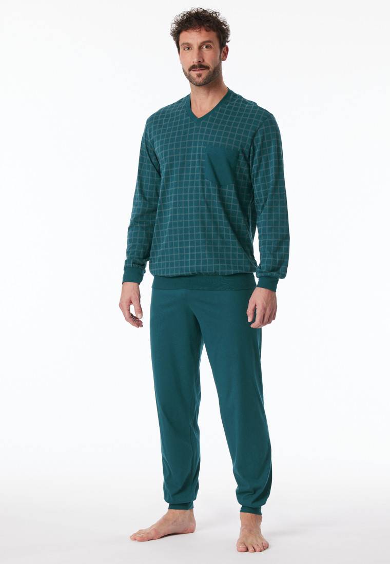 Schiesser Schlafanzug lang Bündchen petrol kariert - Comfort Nightwear Osterangebot
