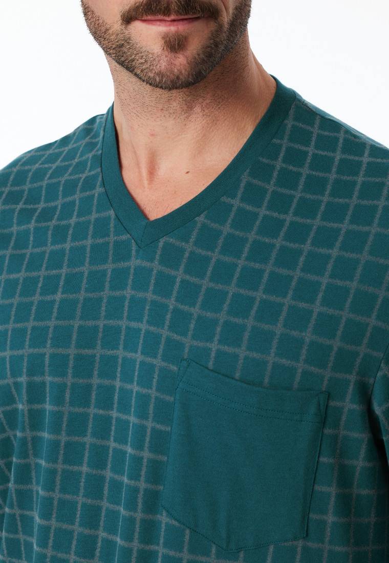 Schiesser Schlafanzug lang Bündchen petrol kariert - Comfort Nightwear Osterangebot