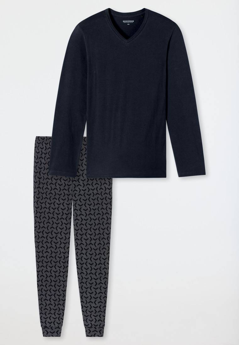 Schiesser Schlafanzug lang Bündchen nachtblau - Casual Essentials Jubiläumsangebot