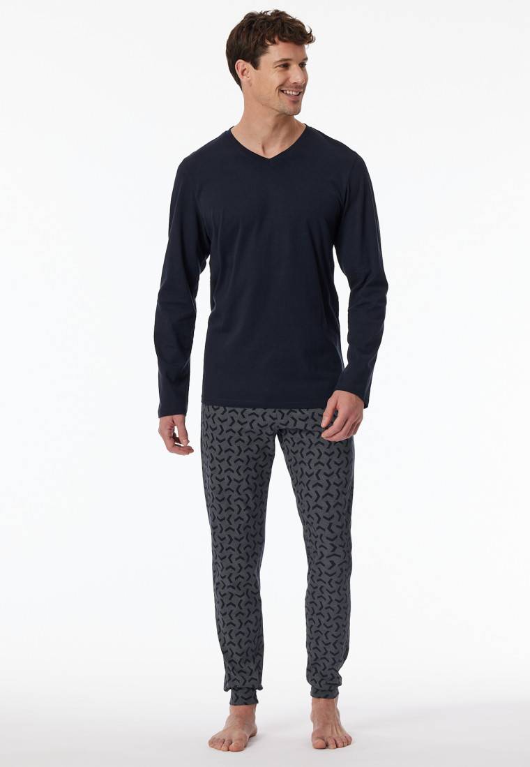 Schiesser Schlafanzug lang Bündchen nachtblau - Casual Essentials Jubiläumsangebot
