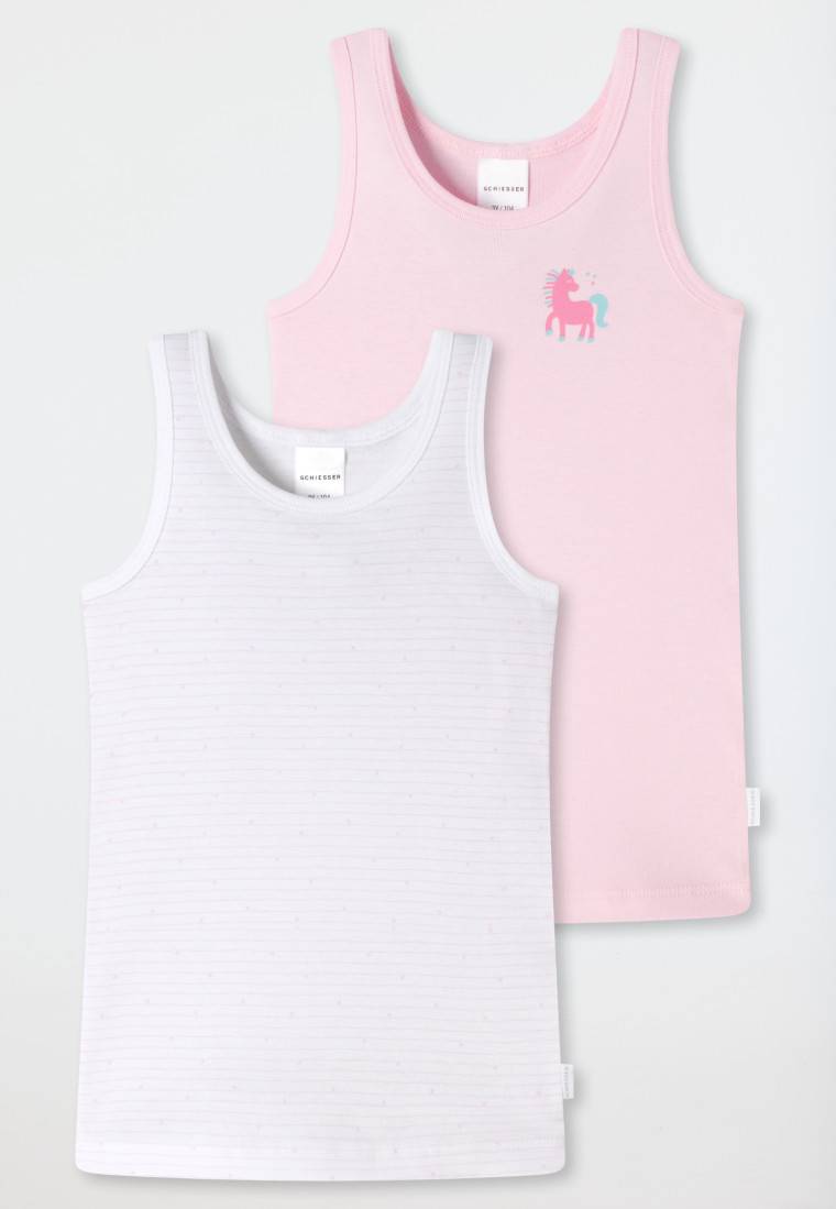 Schiesser Unterhemden 2er-Pack Feinripp Organic Cotton Pferd Ringel weiß/rosa - Feinripp Multipacks Blitzverkäufe