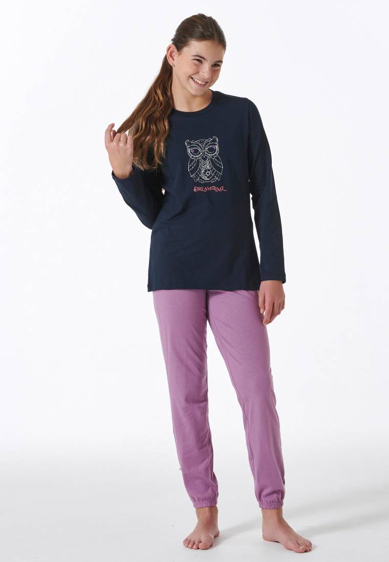 Schiesser Schlafanzug lang Bündchen Eule nachtblau - Nightwear Großer Ausverkauf