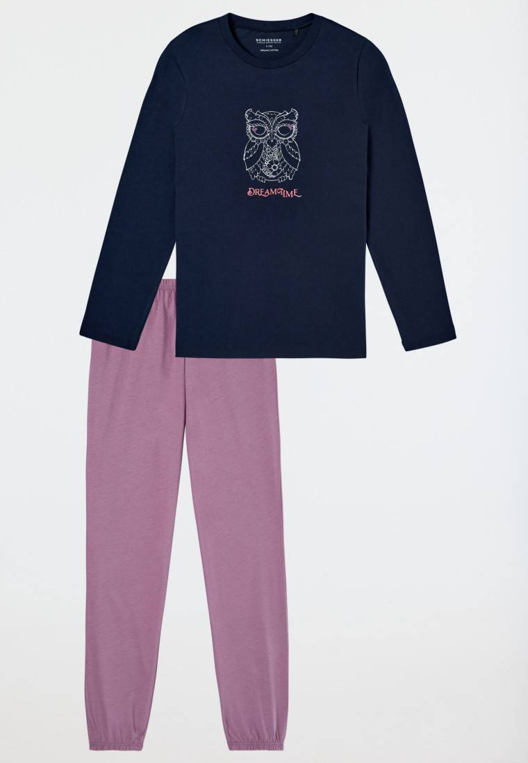 Schiesser Schlafanzug lang Bündchen Eule nachtblau - Nightwear Großer Ausverkauf