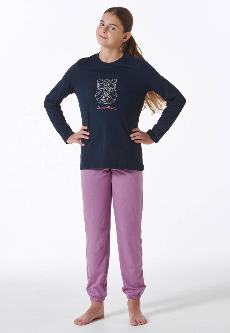 Schiesser Schlafanzug lang Bündchen Eule nachtblau - Nightwear Großer Ausverkauf