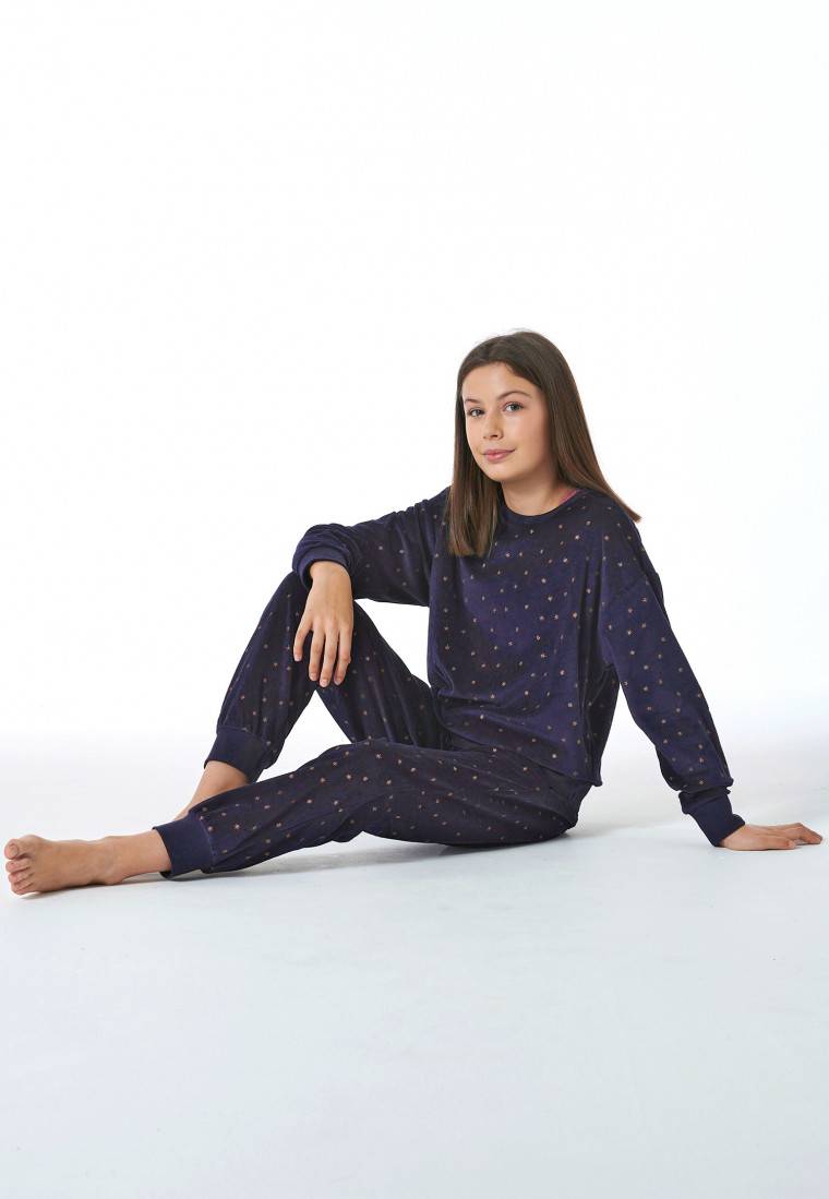 Schiesser Schlafanzug lang Velour Sterne nachtblau - Nightwear Flash Sale