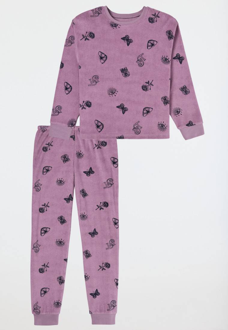 Schiesser Schlafanzug lang Frottee Bündchen Schmetterlinge mauve - Nightwear Saisonschlussverkauf