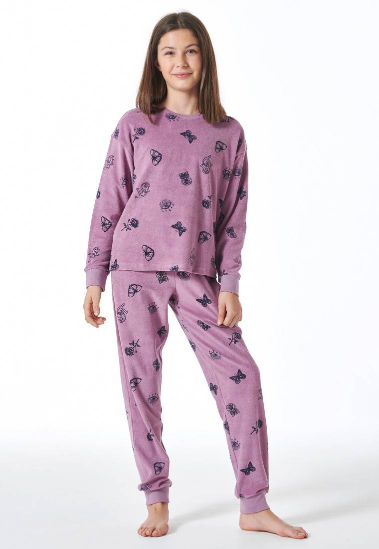 Schiesser Schlafanzug lang Frottee Bündchen Schmetterlinge mauve - Nightwear Saisonschlussverkauf