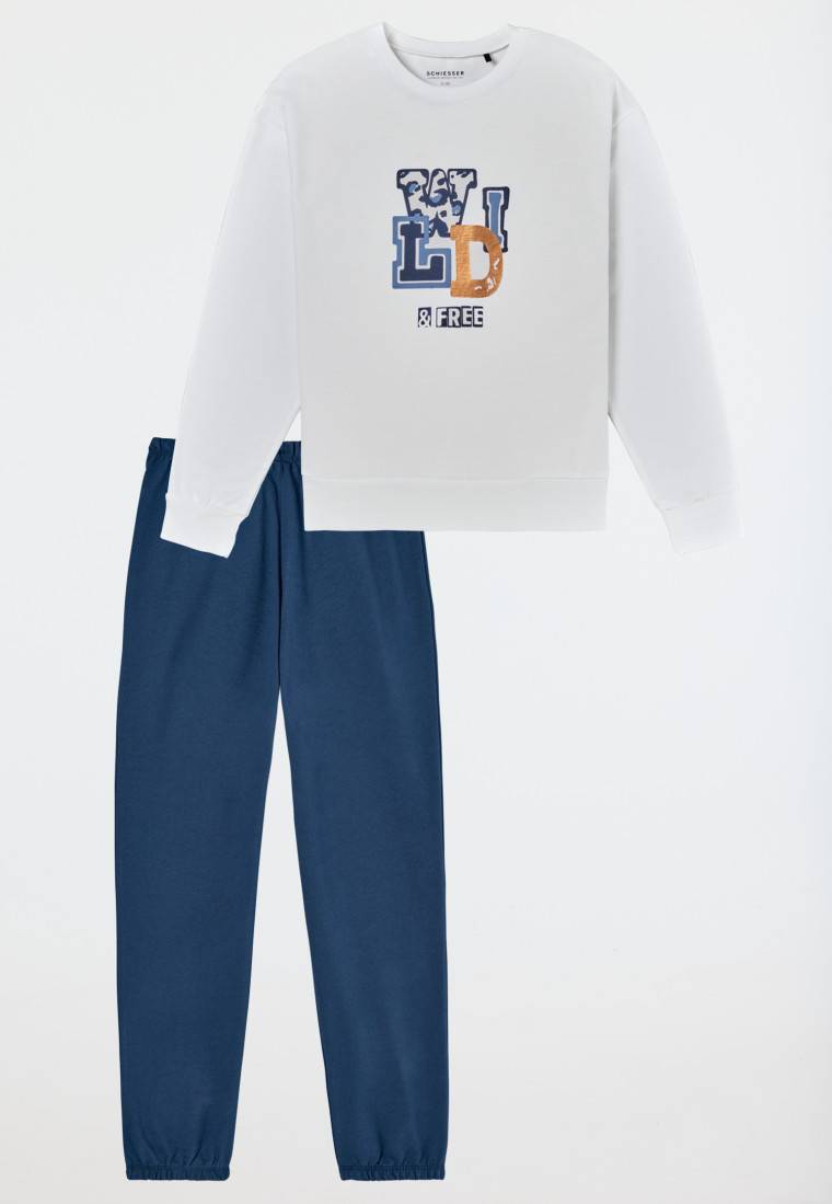 Schiesser Schlafanzug lang Sweatware Bündchen off-white - Nightwear Weihnachtsangebot