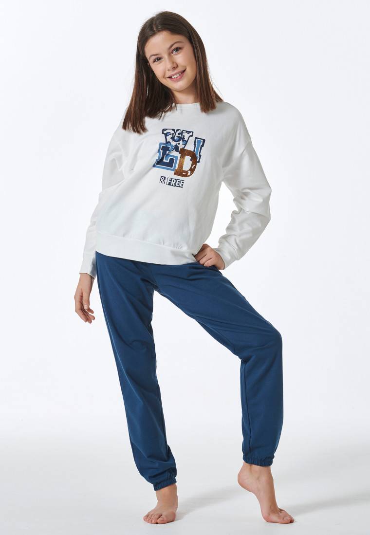 Schiesser Schlafanzug lang Sweatware Bündchen off-white - Nightwear Weihnachtsangebot